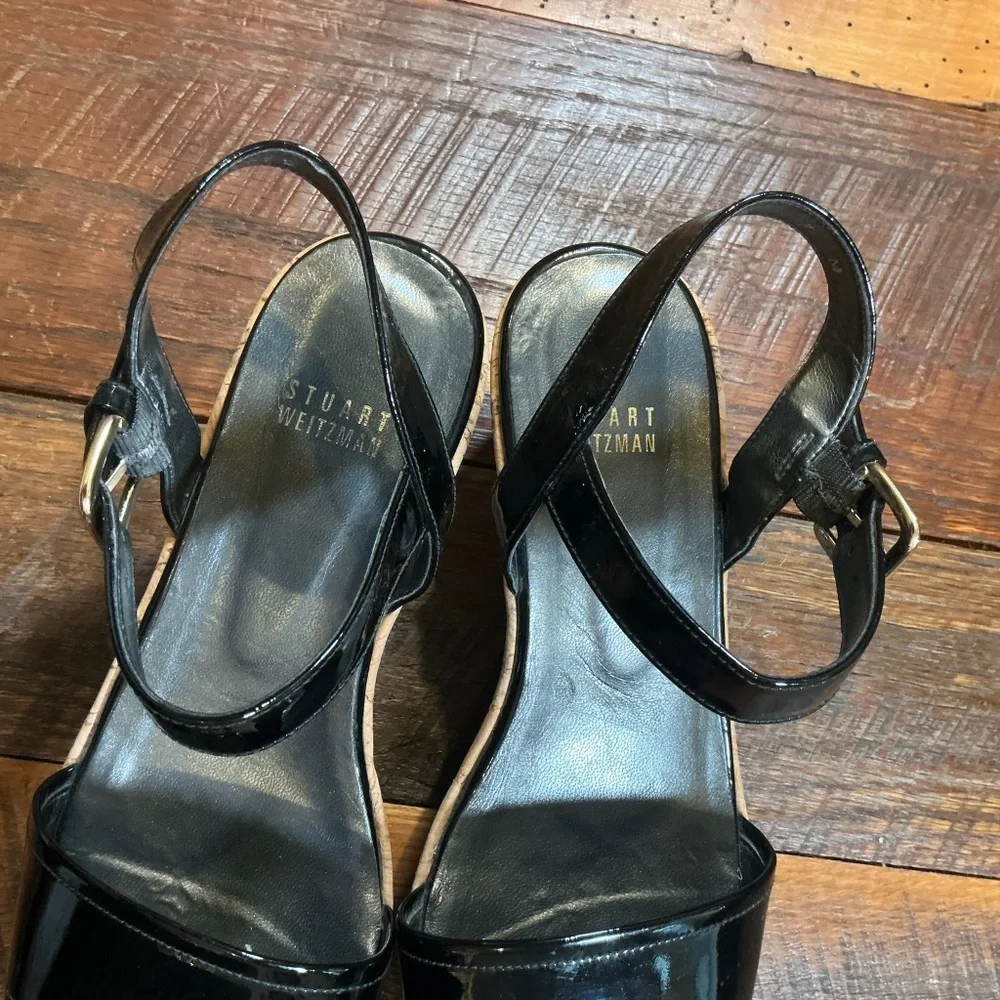 Stuart Weitzman Black Patent Leather Cork Wedge Sandals | size 7 - Picture 6 of 9